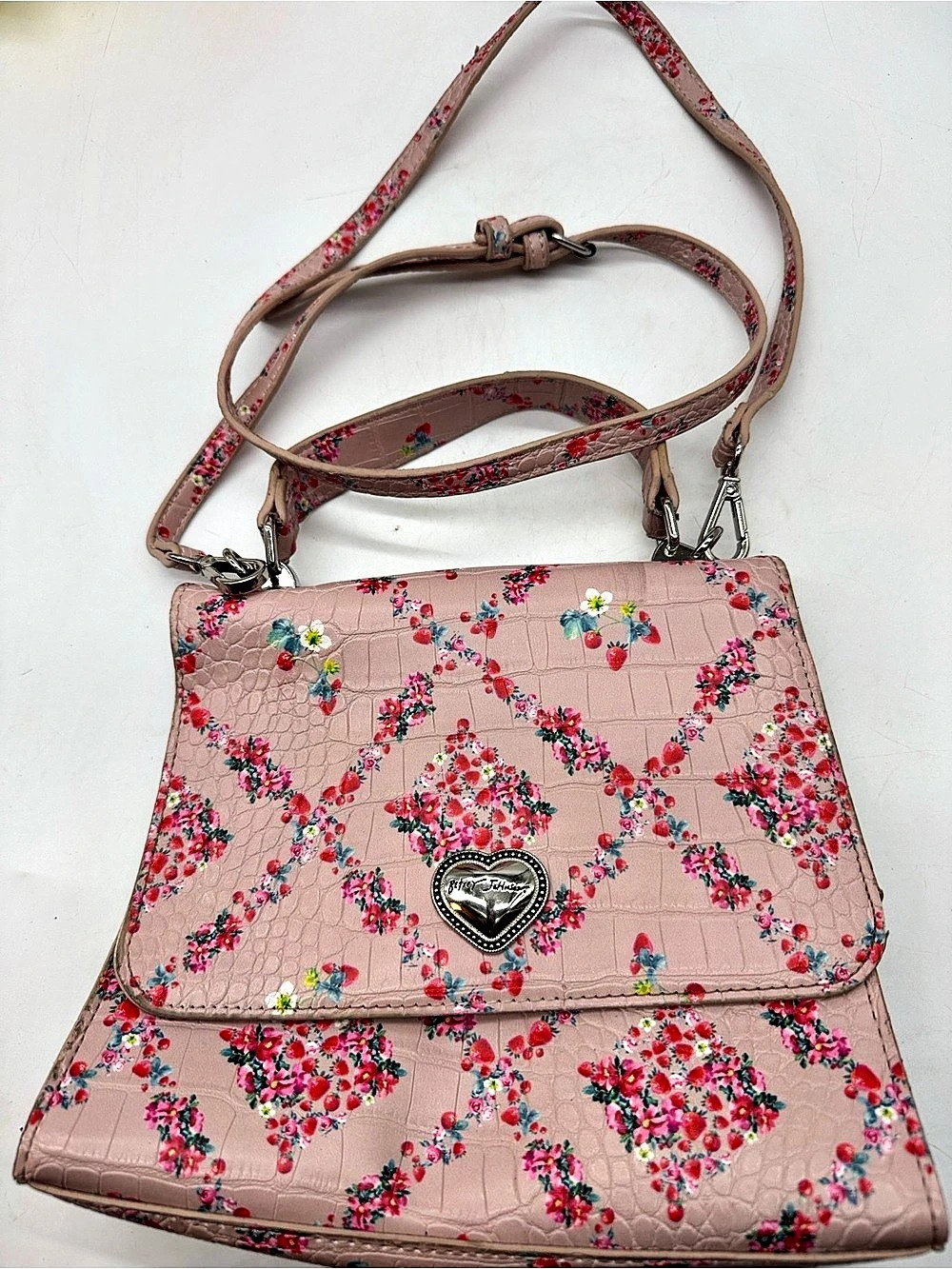 Betsey Johnson Strawberry Floral Croc Embossed Crossbody Bag in Pink & Red